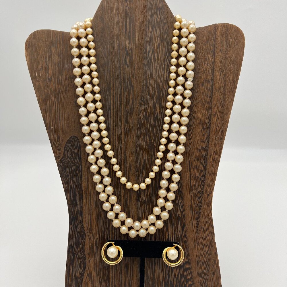 Stunning Vintage Glass Pearl Set, incl. Danecraft, Long Hand Knotted & Earrings